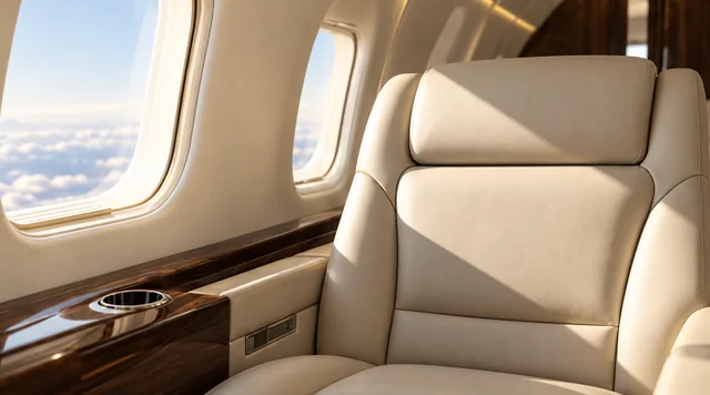 Illustrative cream leather private jet cabin with sunlit windows