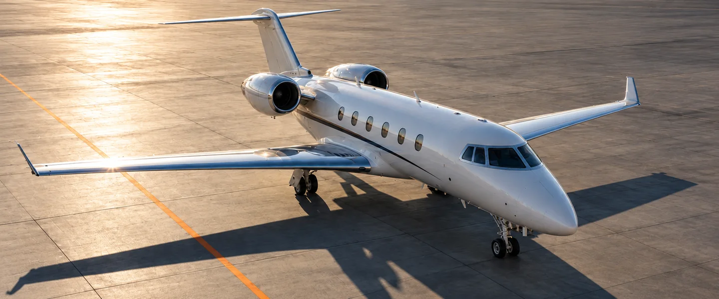Illustrative private jet on a sunlit airport ramp