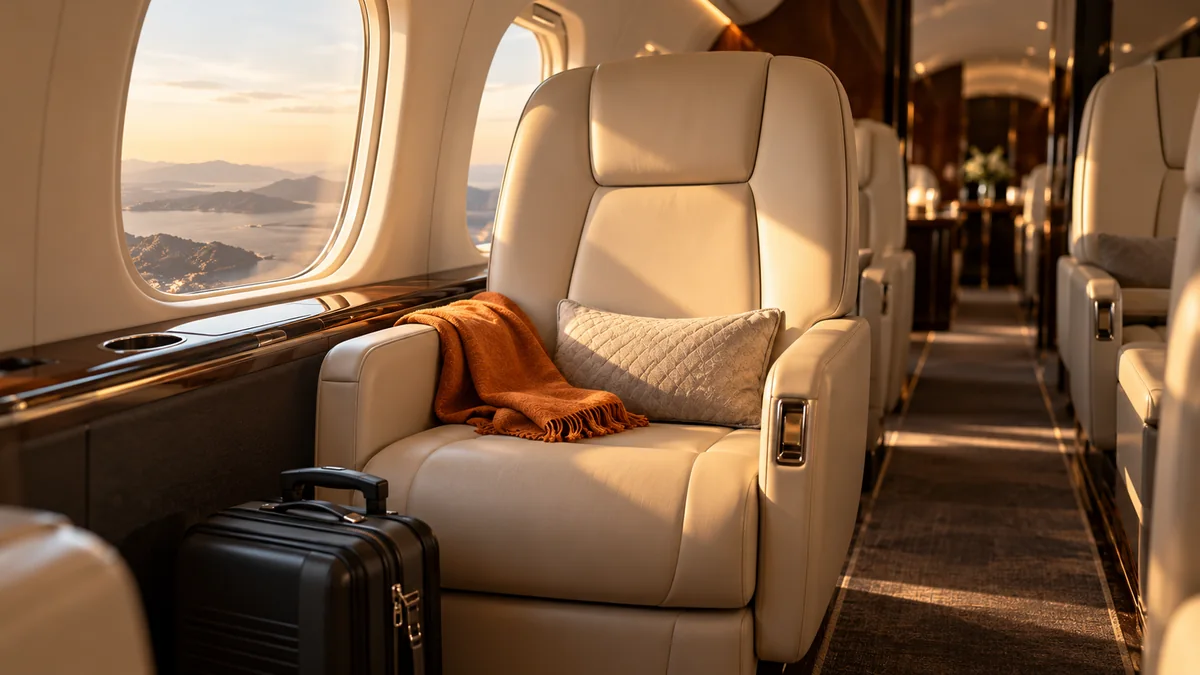 Illustrative single cream leather aircraft seat beside a window and carry-on