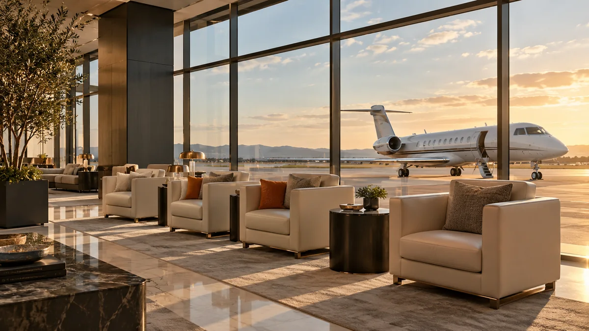 Illustrative private terminal lounge with individual chairs and a jet outside