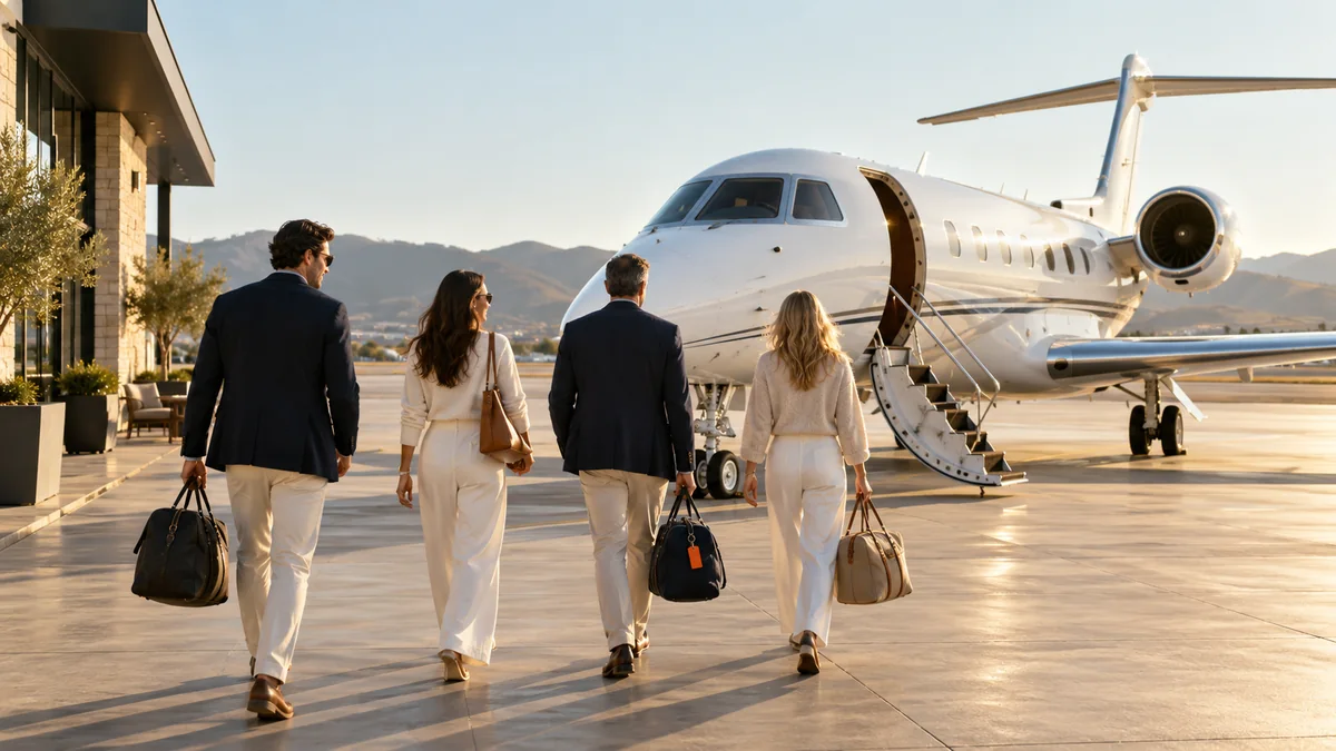 Illustrative group of adult friends with weekend bags walking toward a jet